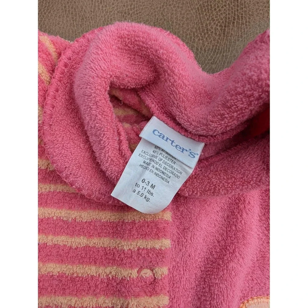 Vtg Carter's Pink Orange Stripe Cat Terry Cloth Baby Girl Sleeper 0-3 Mos Footed